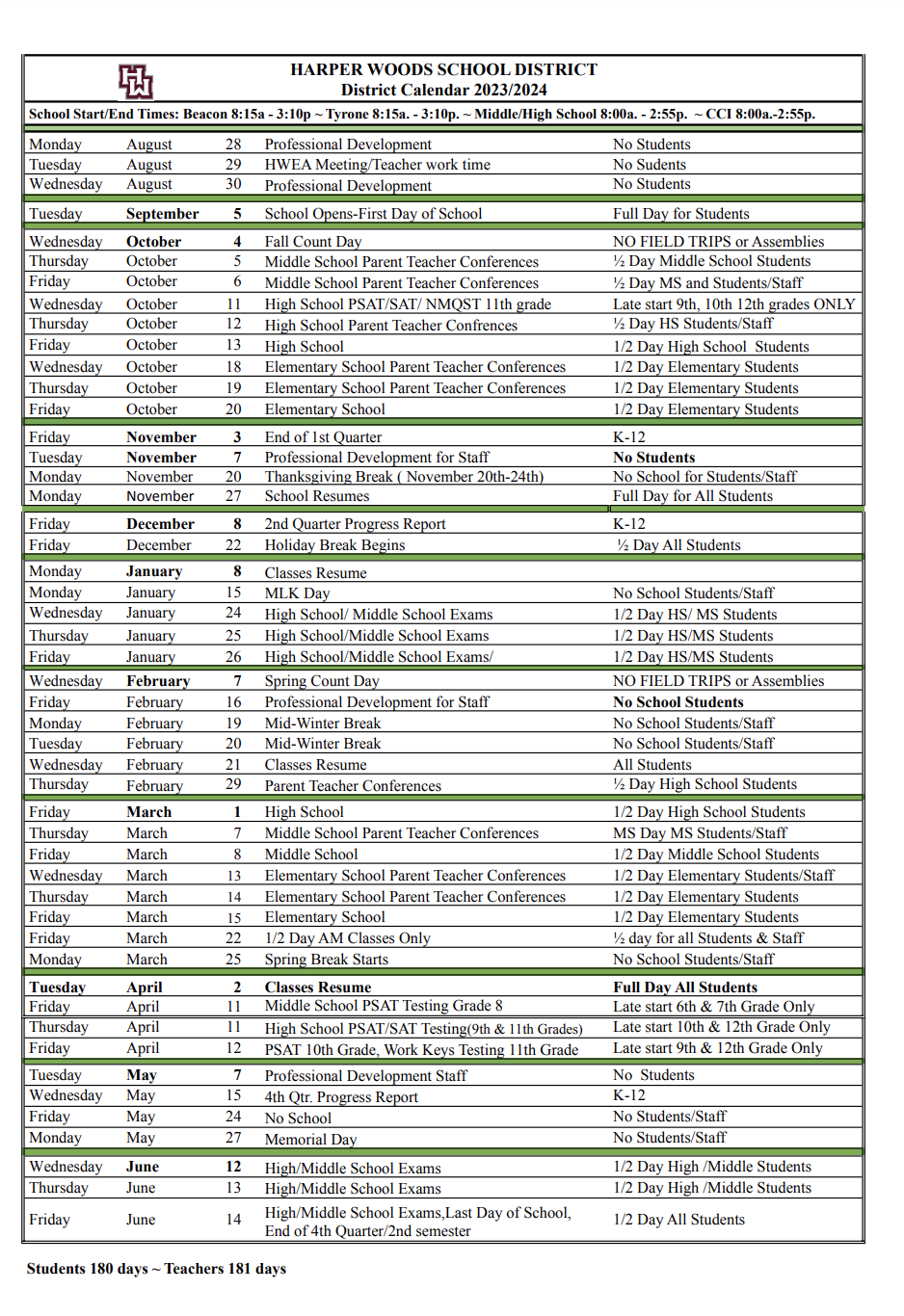 2023-2024 District Calendar